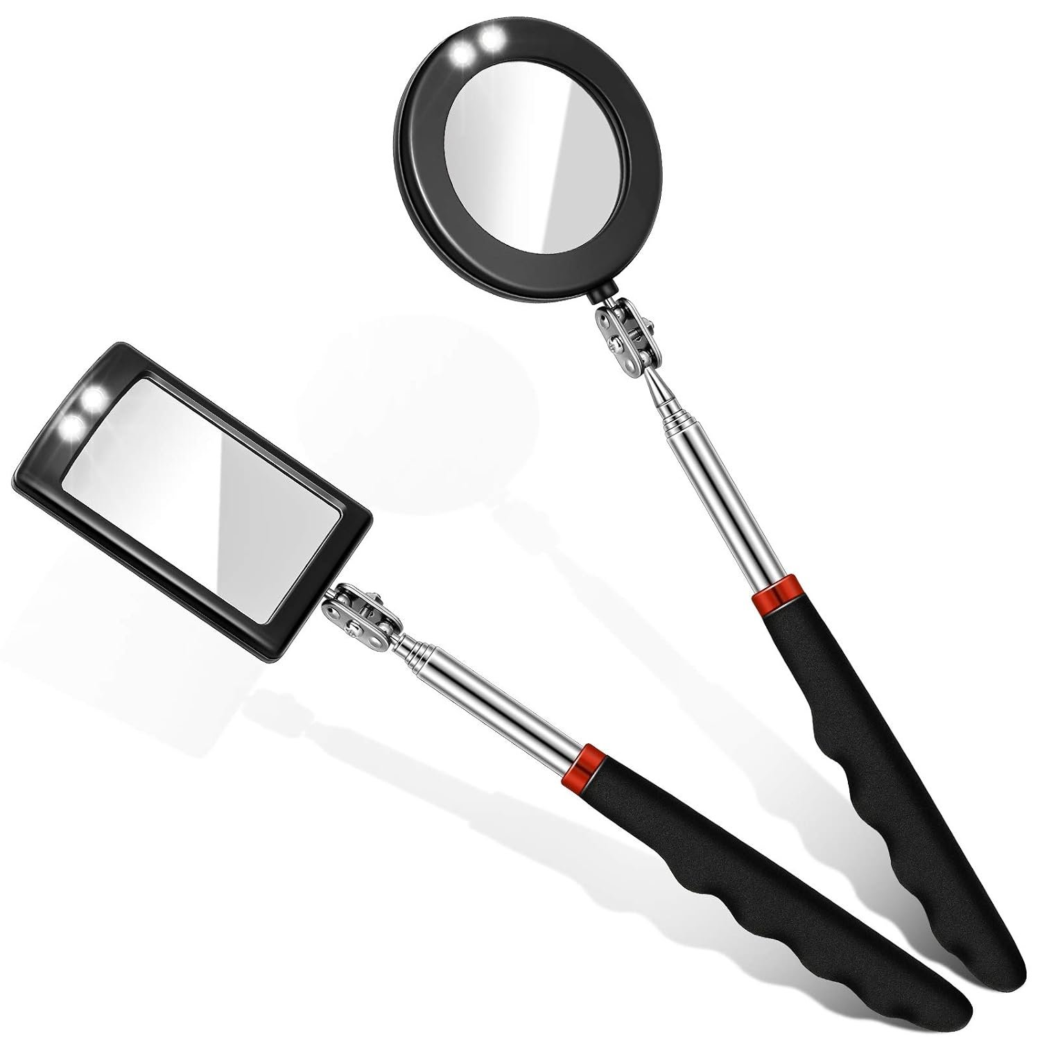 2 Pcs Telescoping Inspection Mirror LED Round Square