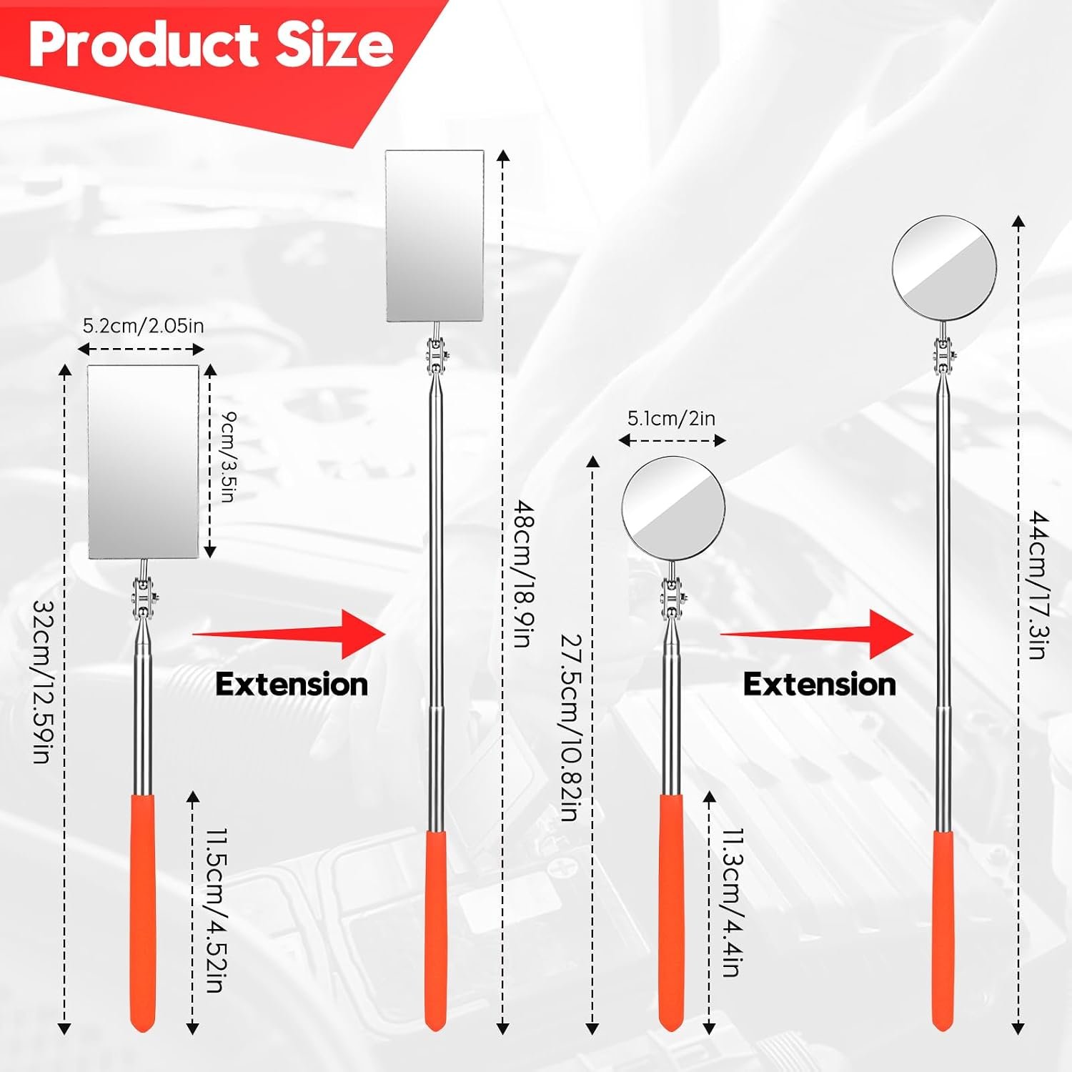 2Pcs Telescoping Inspection Mirror, Round & Square Heads Mechanic Mirrors - Image 2
