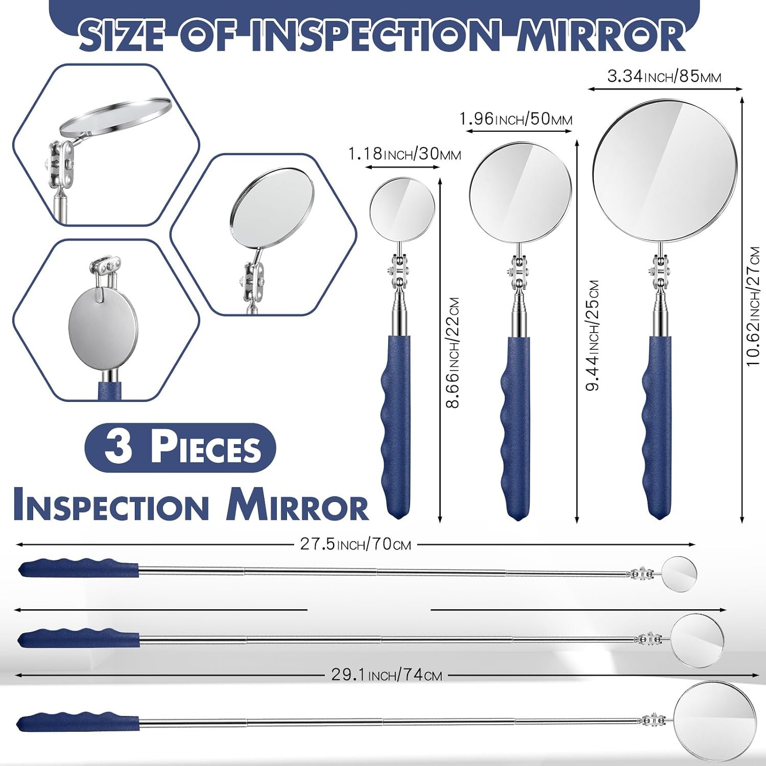 3 Pcs Telescoping Inspection Mirror Extendable Long Handle - Image 2