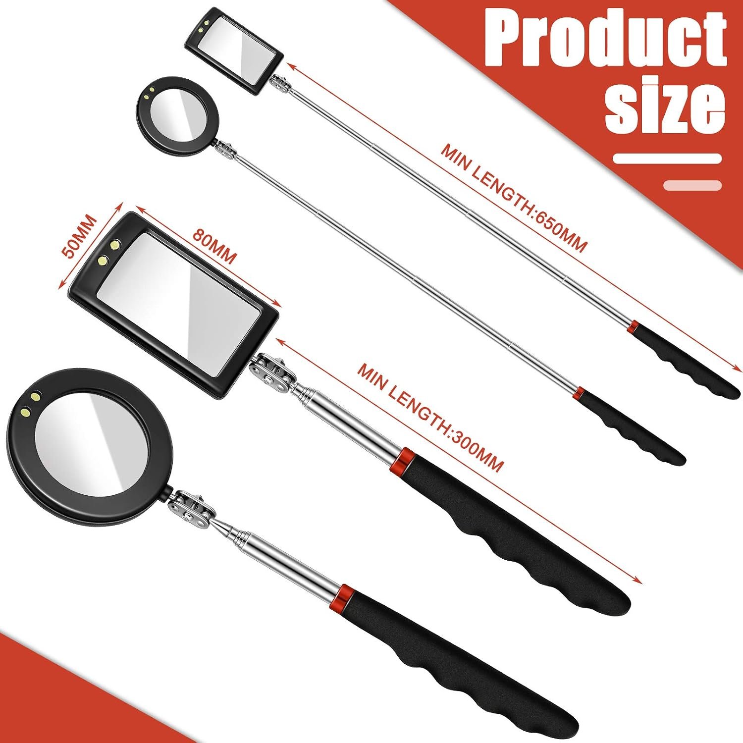 2 Pcs Telescoping Inspection Mirror LED Round Square - Image 2
