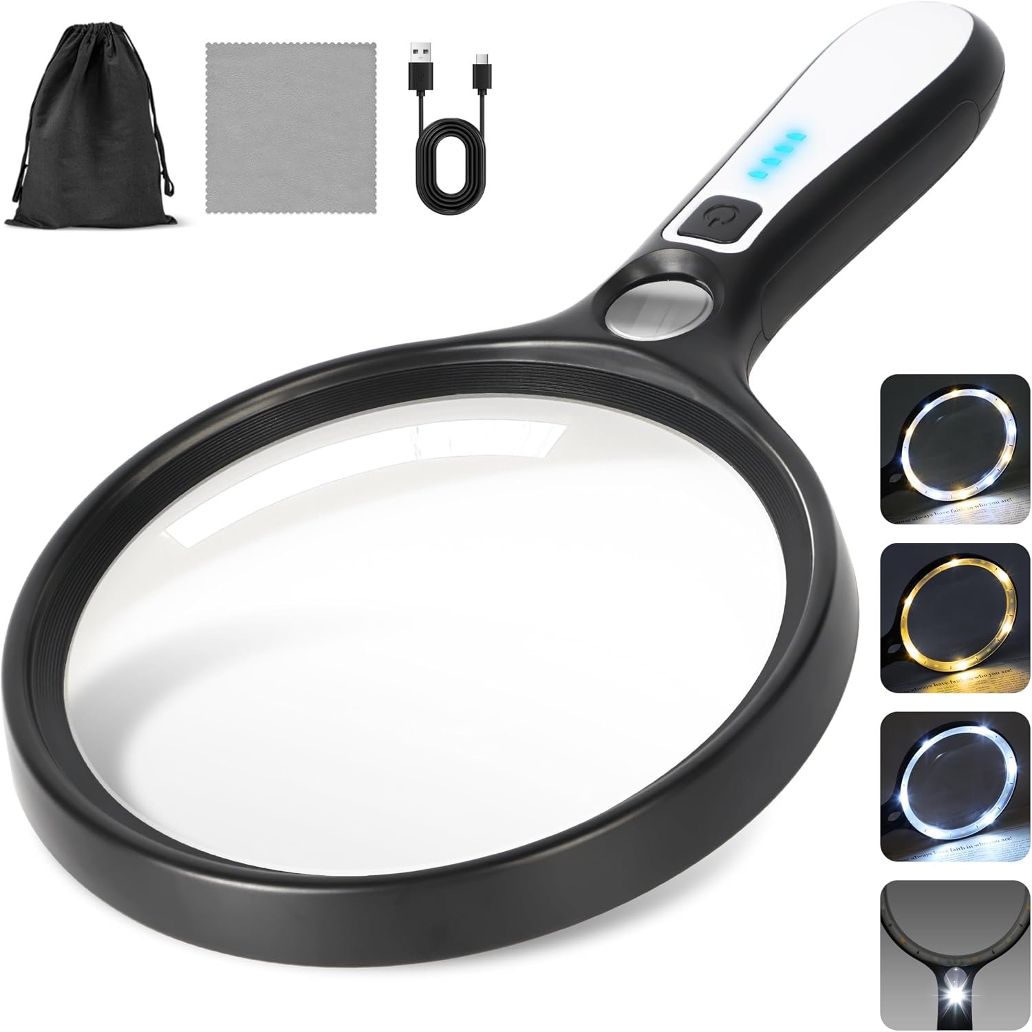 Large Magnifying Glass with Light: 10X 30X 5IN Lighted Handheld Magnifier with 13 LED Lights 3 Modes