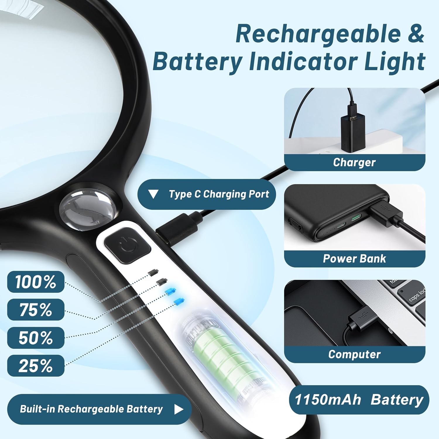 Large Magnifying Glass with Light: 10X 30X 5IN Lighted Handheld Magnifier with 13 LED Lights 3 Modes - Image 2